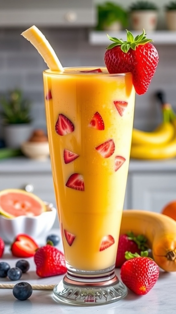 A colorful fruit smoothie made with mango, strawberries, and banana, garnished with fruit slices, set in a bright kitchen.